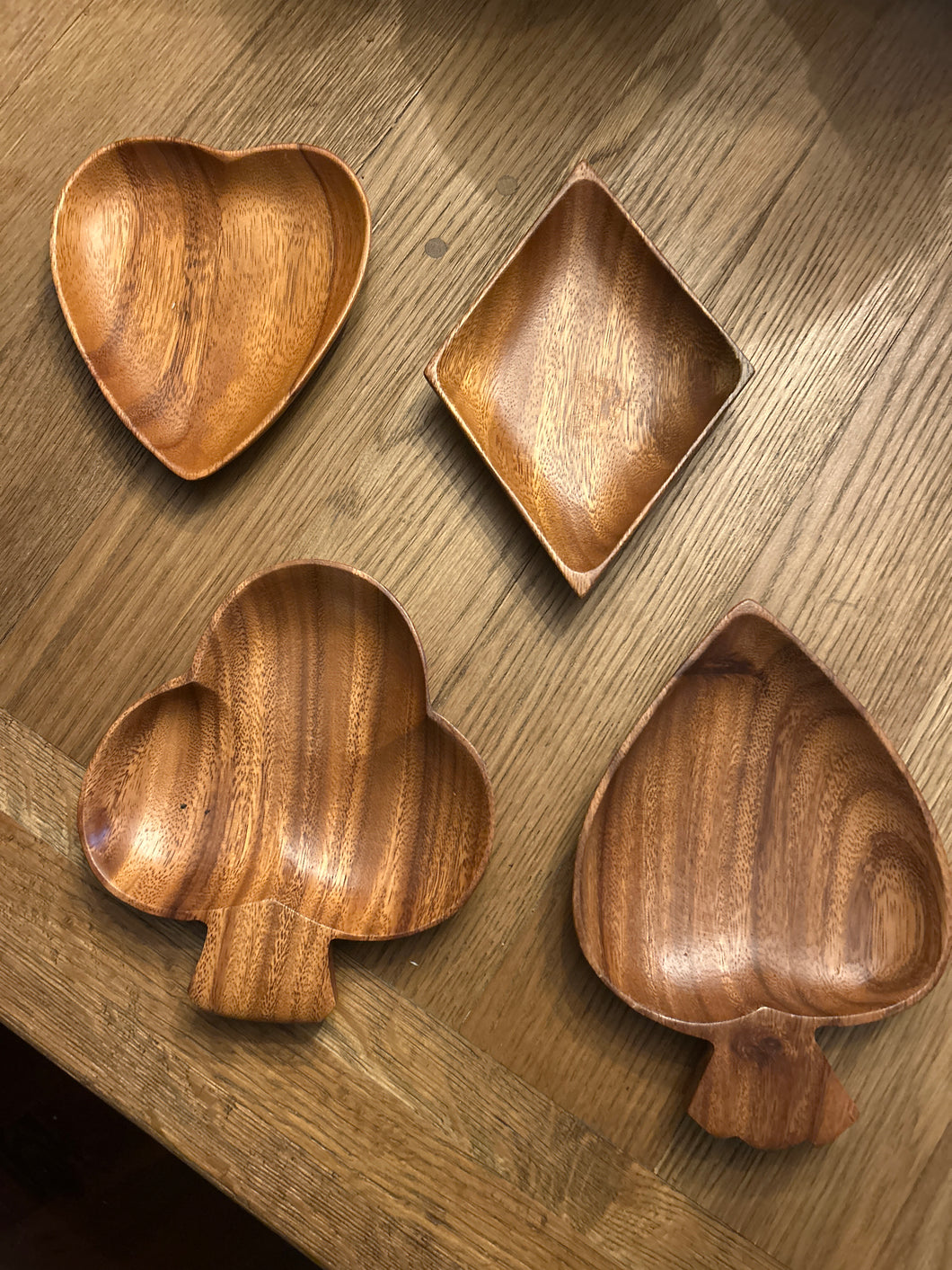 Wooden Heart, Club, Diamond, and Spade Tray Set